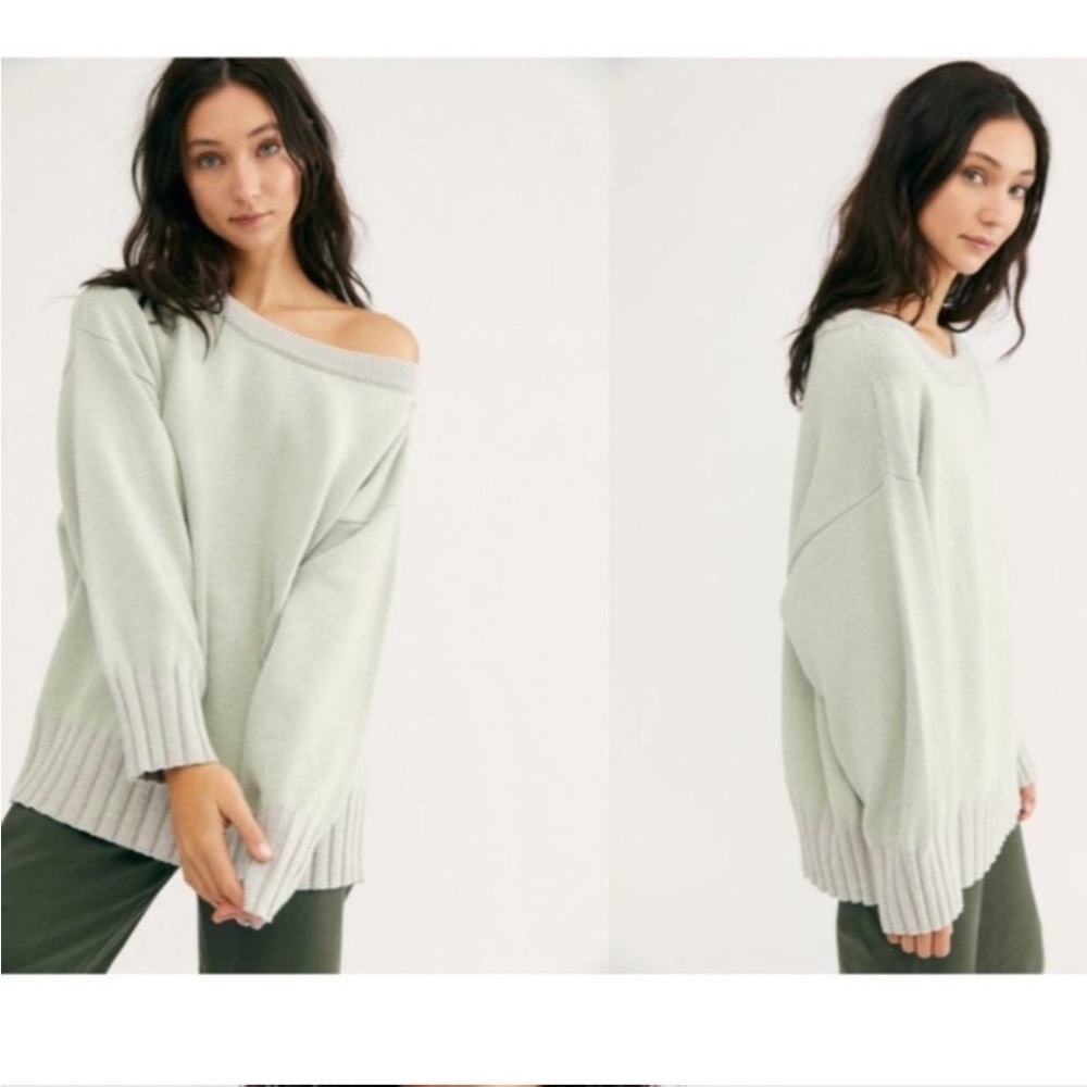 Free People Street Fair Tunic Sweater Lime Grey Combo